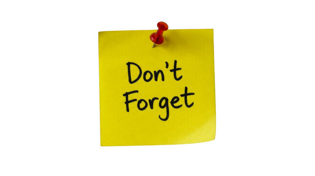 Yellow sticky note with dont forget message and red push pin isolated on transparent background