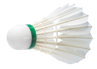 White badminton shuttlecock isolated on white background. Professional sports equipment for game tournament, close-up studio shot with clipping path. © KT Studio