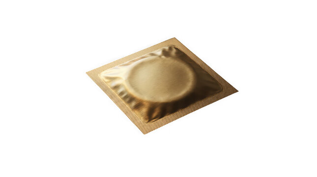 A single golden condom wrapper isolated on a plain white background for sexual health with wrapper against clean single square responsibility contraceptive prophylactic protection prevention with safe