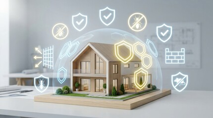 Obraz premium Smart Home Security Protection Concept with Digital Shield and Icons.
