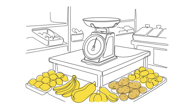 Illustration of a grocery store produce scale with fresh fruits and vegetables.