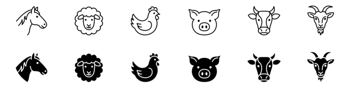 Farm animals and livestock vector line and filled icon set for agriculture and livestock farming.