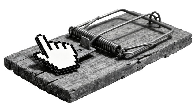 Pixelated cursor on old wooden mousetrap, isolated on transparent background