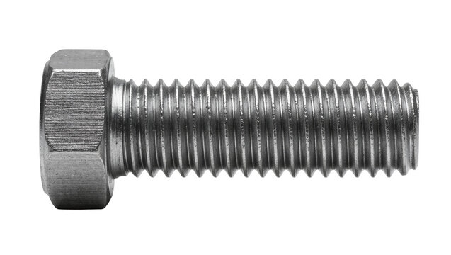 Hexagonal head metal bolt with threaded shaft, isolated on transparent background