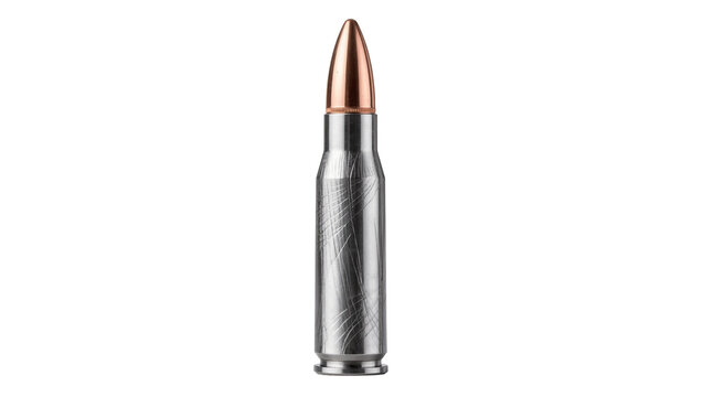 Single metallic bullet with copper tip scratched casing, isolated on transparent background