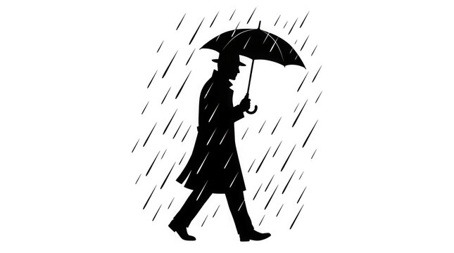 A silhouette of a man walking in heavy rain holding an umbrella for protection with black silhouette person wearing hat coat walks through rain while holding open umbrella precipitation illustration