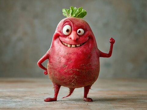 Smiling red beetroot character flexing arm