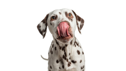 Dalmatian dog with brown spots licking its nose, isolated on transparent background © JOSEPH