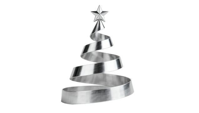 Modern metallic spiral Christmas tree with star topper, isolated on transparent background