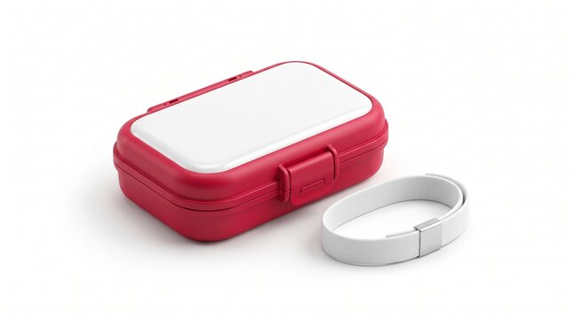 Red plastic storage case with blank white lid and matching wristband on white background