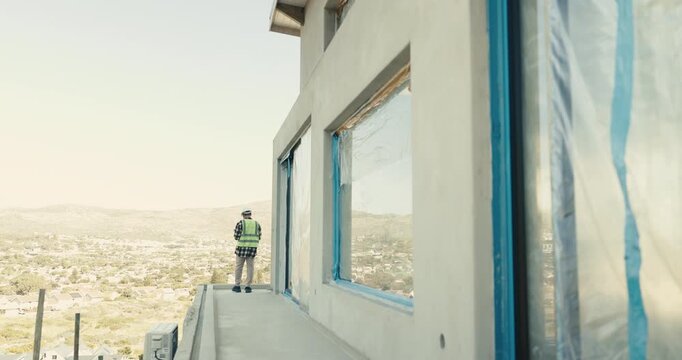 Back, man and engineer on rooftop for construction, inspection and building design for expansion. Space, male contractor or walking at site for supervision, quality assurance and architecture project