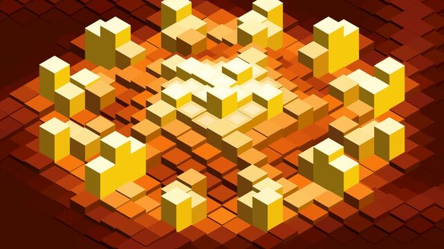 Abstract isometric 3D glowing cubes background, solar corona concept, loop. Animated 3D blocks waving in isometric view