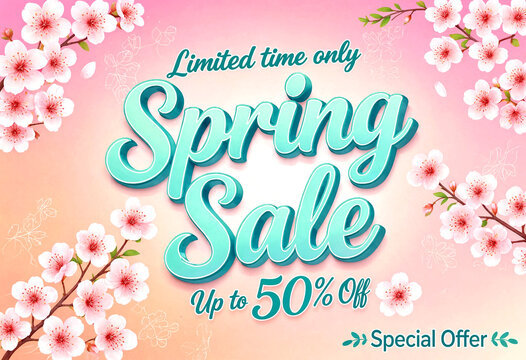Spring sale advertisement featuring cherry blossoms with up to fifty percent discount special offer banner design