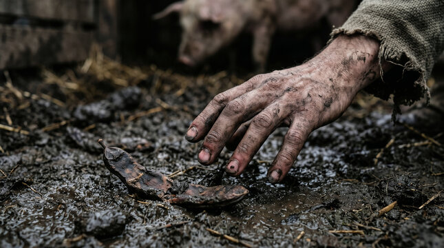 The Parable of the Prodigal Son. The starving, ruined son sitting in a filthy mud pit, longing to eat the husks meant for the pigs