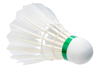 White badminton shuttlecock isolated on white background. Professional sports equipment for game tournament, close-up studio shot with clipping path. © KT Studio