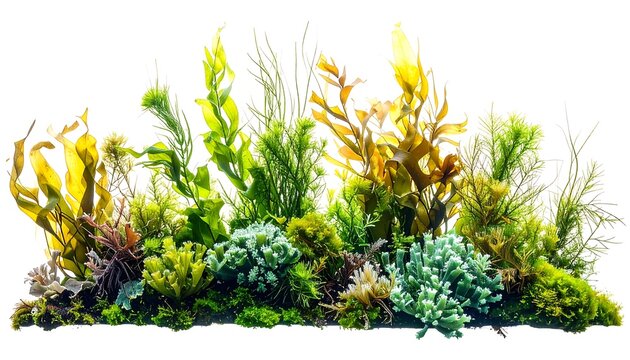 Lush Collection of Diverse Underwater Seaweed and Aquatic Plants Isolated on a White Background for Marine Biology, Aquarium Landscaping, and Ocean Nature Concepts.