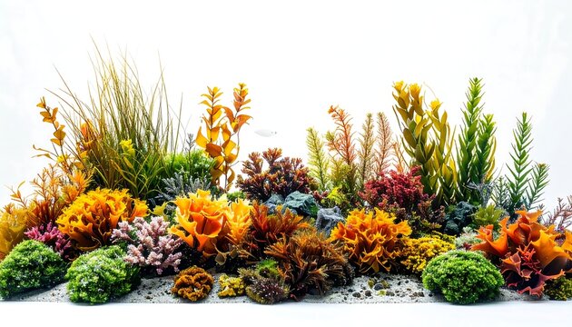 Vibrant Assortment of Colorful Underwater Seaweed and Aquatic Plants Forming a Natural Border on a Clean White Background for Marine Biology and Aquarium Designs.