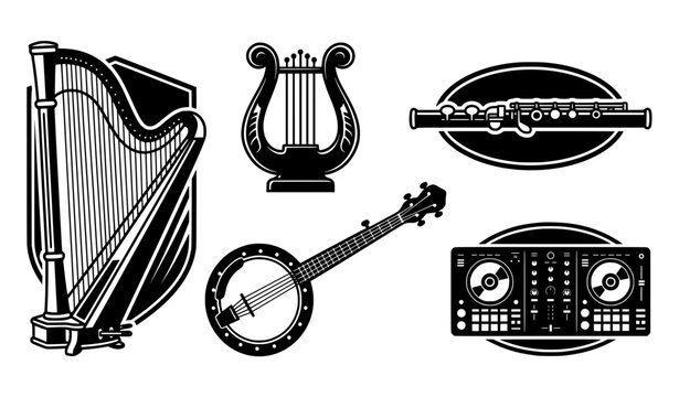 Black and white musical instrument emblem set with harp lyre flute banjo and DJ controller