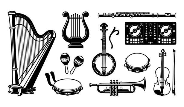Black and white musical instruments vector collection with harp lyre flute banjo and DJ controller
