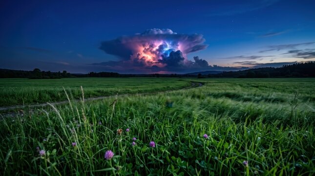 Vibrant thunderstorm with glowing lightning in a dark dramatic night sky