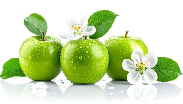 Fresh Green Apples with Water Droplets, Leaves, and White Blossoms on a Reflective White Surface for Crisp Fruit Photography and Healthy Spring Concepts.
