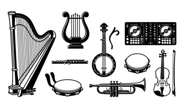 Monochrome musical instrument lineup featuring harp lyre flute banjo and DJ equipment vector illustration
