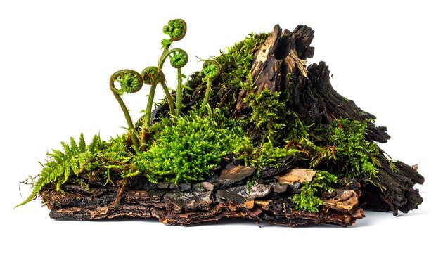 Lush Green Moss and Fern Fiddleheads Growing on Dark Weathered Tree Bark Isolated on a White Background for Nature, Forest Ecology, and Botanical Terrarium Concepts.
