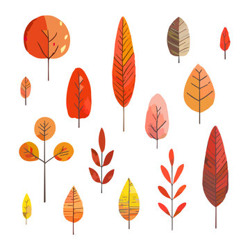 草と木のコレクション　紅葉した樹木と木の葉の手描き風ベクターイラスト　北欧風