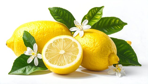 Fresh Ripe Yellow Lemons with Green Leaves and White Blossoms Including a Sliced Half on a Clean White Background for Citrus Food Photography and Summer Concepts.