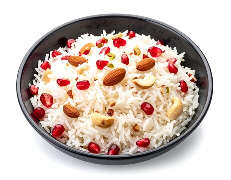 Delicious White Basmati Rice Pilaf Garnished with Pomegranate Seeds, Almonds, and Cashews Served in a Black Bowl on a Clean White Background for Food Photography.