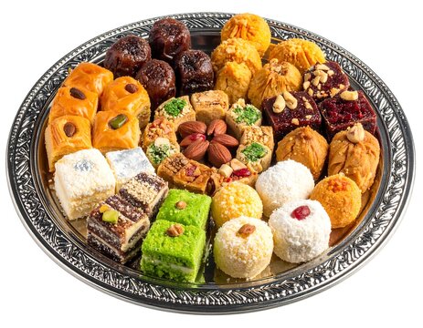 Assorted traditional oriental sweets, baklava, and confectionery on ornate silver platter isolated on white background
