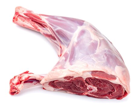 Fresh raw leg of lamb with bone isolated on white background
