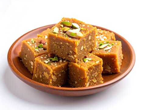 Traditional Indian sweet besan burfi garnished with pistachios and almonds in a clay plate isolated on white background
