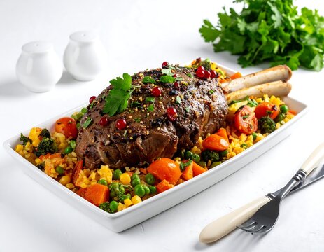 Roasted rack of lamb with herbs, grilled lemon, and tomatoes on an oval platter isolated on white background
