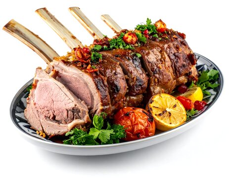 Roasted rack of lamb with herbs, grilled lemon, and tomatoes on an oval platter isolated on white background
