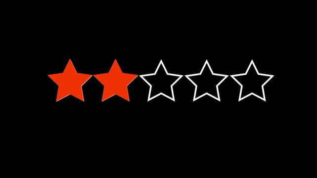 Star rating animation, product performance positive impression. 2 star rating animation. Black Background