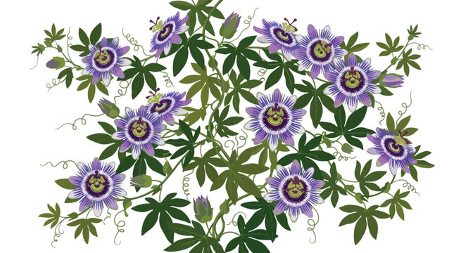 Beautiful Purple Passionflower Vine with Exotic Tropical Passion Flowers and Lush Green Foliage on White Background