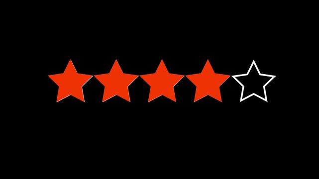 Star rating animation, product performance positive impression. 4 star rating animation. Black Background