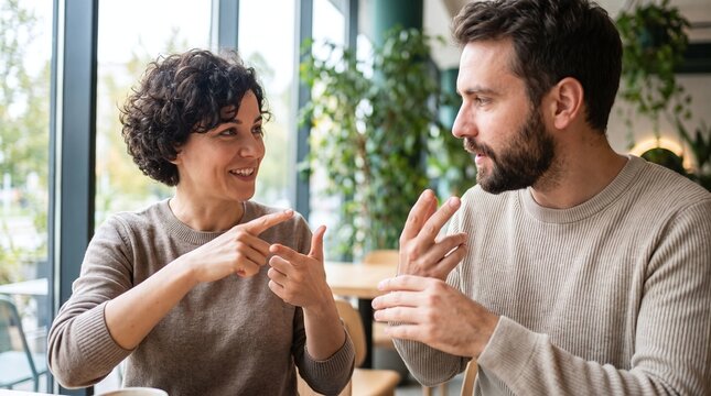 Deaf couple communicating with sign language in a cafe