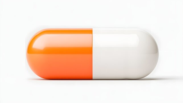 A single orange and white medicinal capsule isolated on white background. Useful for healthcare, pharmacy, and pharmaceutical industry marketing.