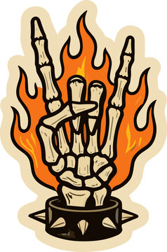 Rock On Skeleton Hand: A skeleton hand with a spiked wristband forms the 'rock on' gesture, engulfed in vibrant flames, symbolizing energy and rebellion.