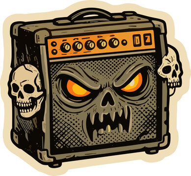 Scary Skull Guitar Amplifier: A menacing skull face adorns a vintage guitar amplifier, flanked by two creepy skulls, emitting a fierce, edgy vibe for rock and roll enthusiasts.