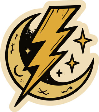 Celestial Bolt Emblem: A stylized emblem features a golden lightning bolt striking across a crescent moon, surrounded by twinkling stars and celestial patterns, evoking cosmic energy and mystery.