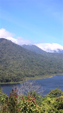 Mountain lake vista reveals wooded mountains, quiet shoreline, and blue water beneath wide sky with low clouds. Mountain lake vista remains tranquil, with layered hills and lush foreground plants.