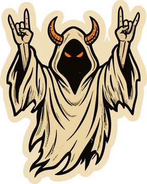 Demonic Silhouette with Horns: A robed figure with glowing eyes, small horns, and a hooded cloak makes a rock and roll hand gesture, embodying a sense of rebellious energy and dark mystique.