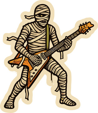 Mummy Rock Star: A classic mummy character, wrapped in bandages, shreds an electric guitar with energetic flair. This spooky musician is ready to rock the stage with a Halloween-themed performance.