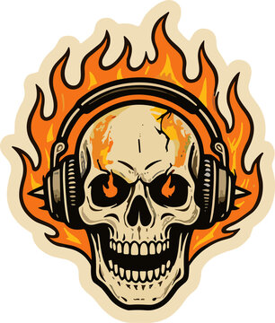 Scorching Beats: A skull wearing headphones, engulfed in flames, with eyes burning bright, represents the fiery passion of music and intense sound.