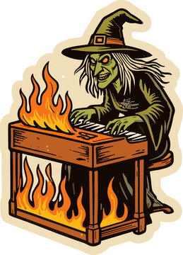 Wicked Melody: A green-skinned witch with a pointed hat and flowing dark robe plays a flaming keyboard, her face alight with a mischievous grin, conjuring an inferno of music and magic.