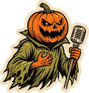 Spooky Serenade: A jack-o'-lantern headed figure, cloaked in tattered rags, clutches a vintage microphone, ready to perform a haunting melody.