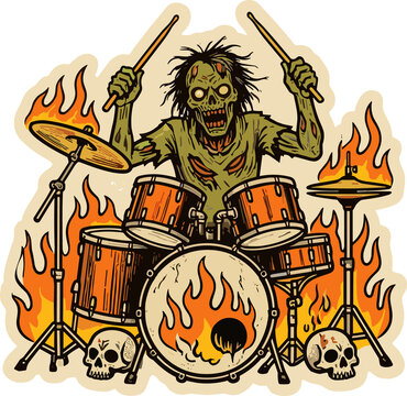 Zombie Drummer on Fire: A monstrous zombie drummer, consumed by flames, passionately plays a drum set adorned with fiery graphics. Two skulls sit at the base, adding to the macabre, high-energy scene.